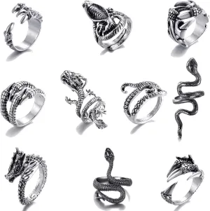 10 Pieces of Vintage Punk Ring Dragon Snake Octopus Adjustable Ring