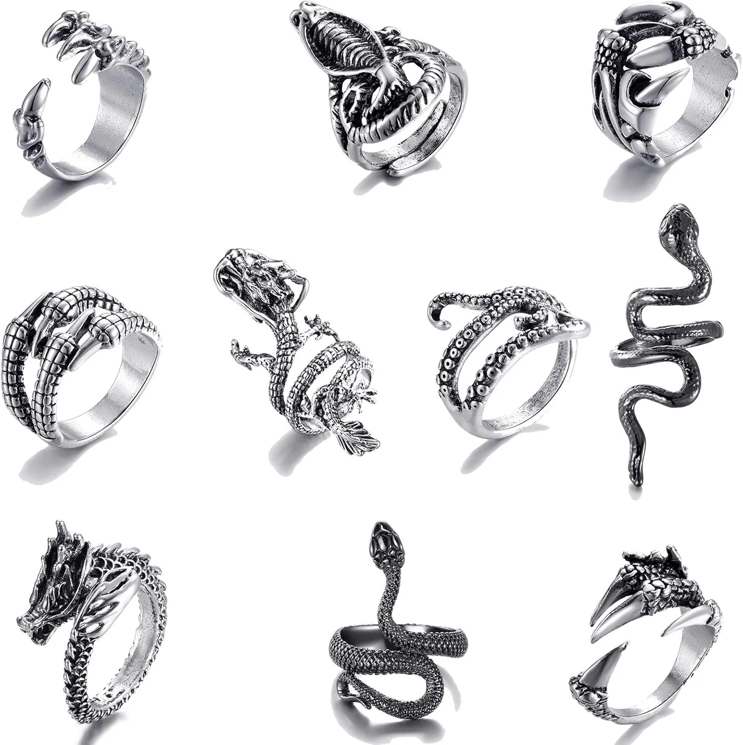 10 Pieces of Vintage Punk Ring Dragon Snake Octopus Adjustable Ring