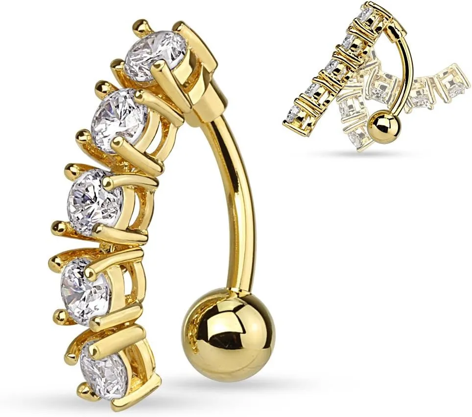 5 CZ Vertical Drop Reverse Belly Button Ring Surgical Steel 14g Top Down Navel Ring (Gold Tone)
