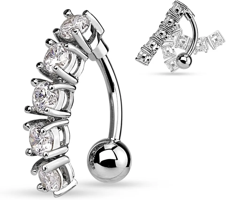 5 CZ Vertical Drop Reverse Belly Button Ring Surgical Steel 14g Top Down Navel Ring (Silver Tone)