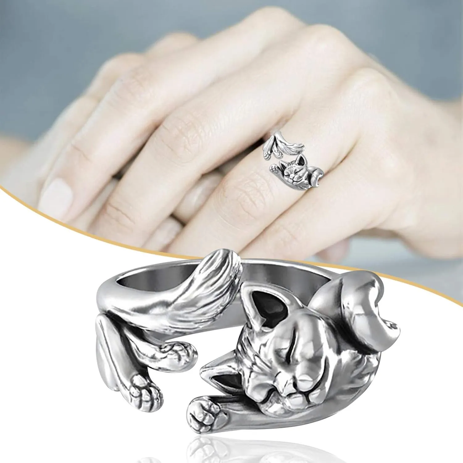 925 Sterling Silver Cute Cat Rings Adjustable Dainty Rings for Women Cat Promise Statement Ring for Cat Lovers