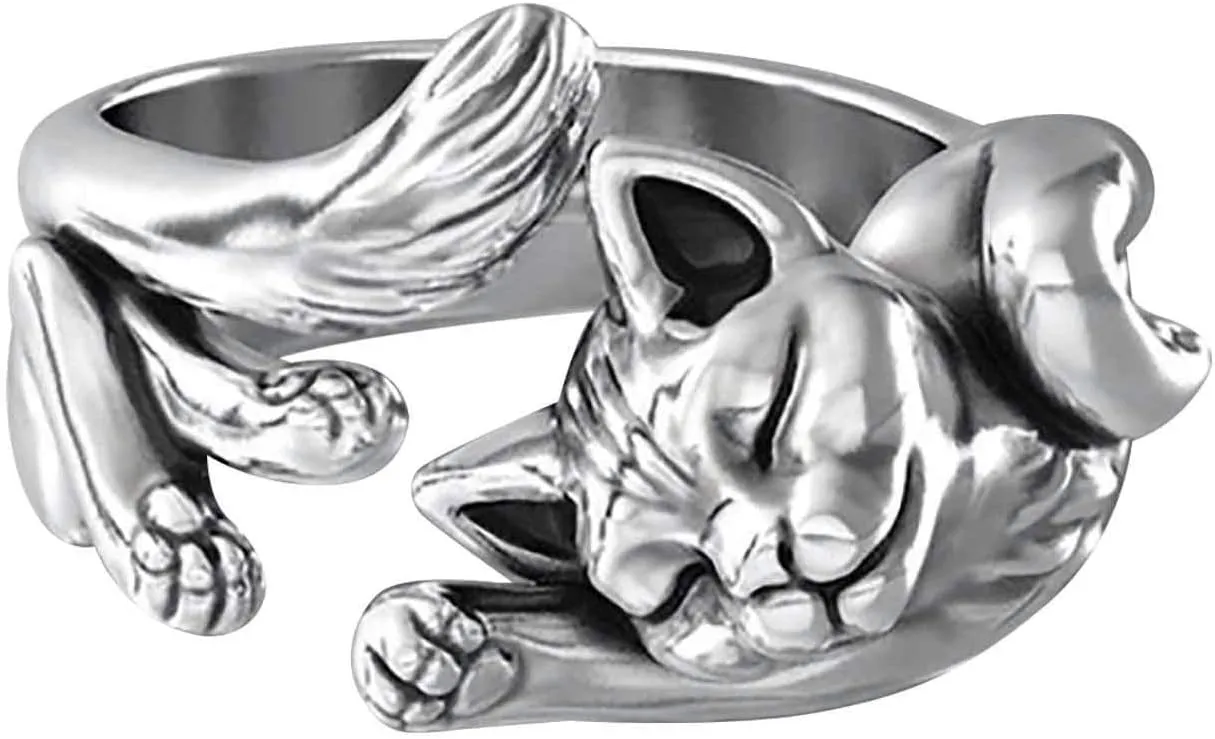 925 Sterling Silver Cute Cat Rings Adjustable Dainty Rings for Women Cat Promise Statement Ring for Cat Lovers