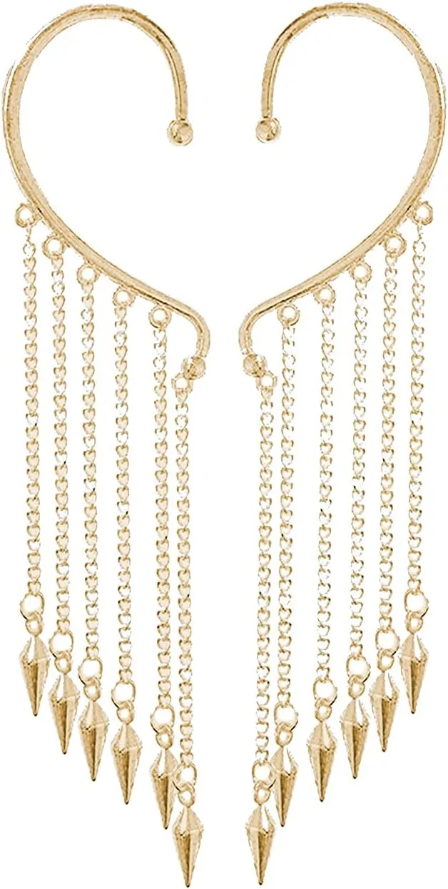 CSIYANJRY99 Gold Silver Long Tassel Ear Cuff Chain Earrings,Punk Retro Ear Crawler Earrings,Hip Hop Ear Wrap Droping Earrings for Women Gifts