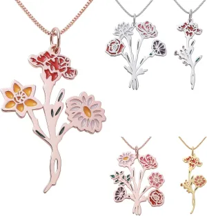 Custom Colored Birth Flower Necklace for Women Personalized Combined Birth Flower Necklace Gift for Mom Grandma Birth Month Flower Necklace Birthday Gift for Her, Silver