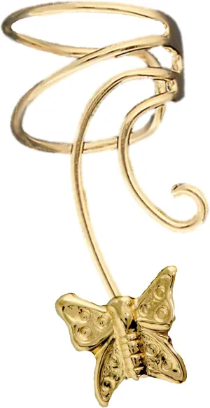 Cute Single Butterfly Short Wave Ear Cuff Right NON-Pierced Earring Wrap in Gold on Silver