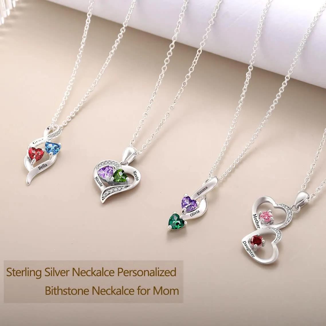 DayOfShe 925 Sterling Silver Personalized Heart Necklace with Birthstone Custom Mom Necklace with Names Engraved Infinity Promise Pendant for Her