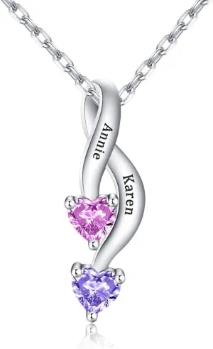 DayOfShe 925 Sterling Silver Personalized Heart Necklace with Birthstone Custom Mom Necklace with Names Engraved Infinity Promise Pendant for Her