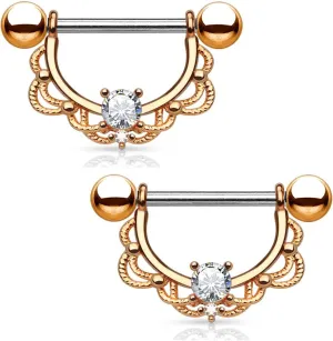 Dynamique CZ Centered Filigree Drop 14KT Gold/Rose Gold Plated 316L Surgical Steel Nipple Ring (Sold Per Pair Or Per Piece)