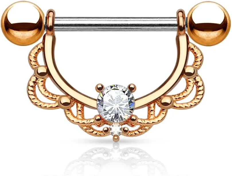 Dynamique CZ Centered Filigree Drop 14KT Gold/Rose Gold Plated 316L Surgical Steel Nipple Ring (Sold Per Pair Or Per Piece)