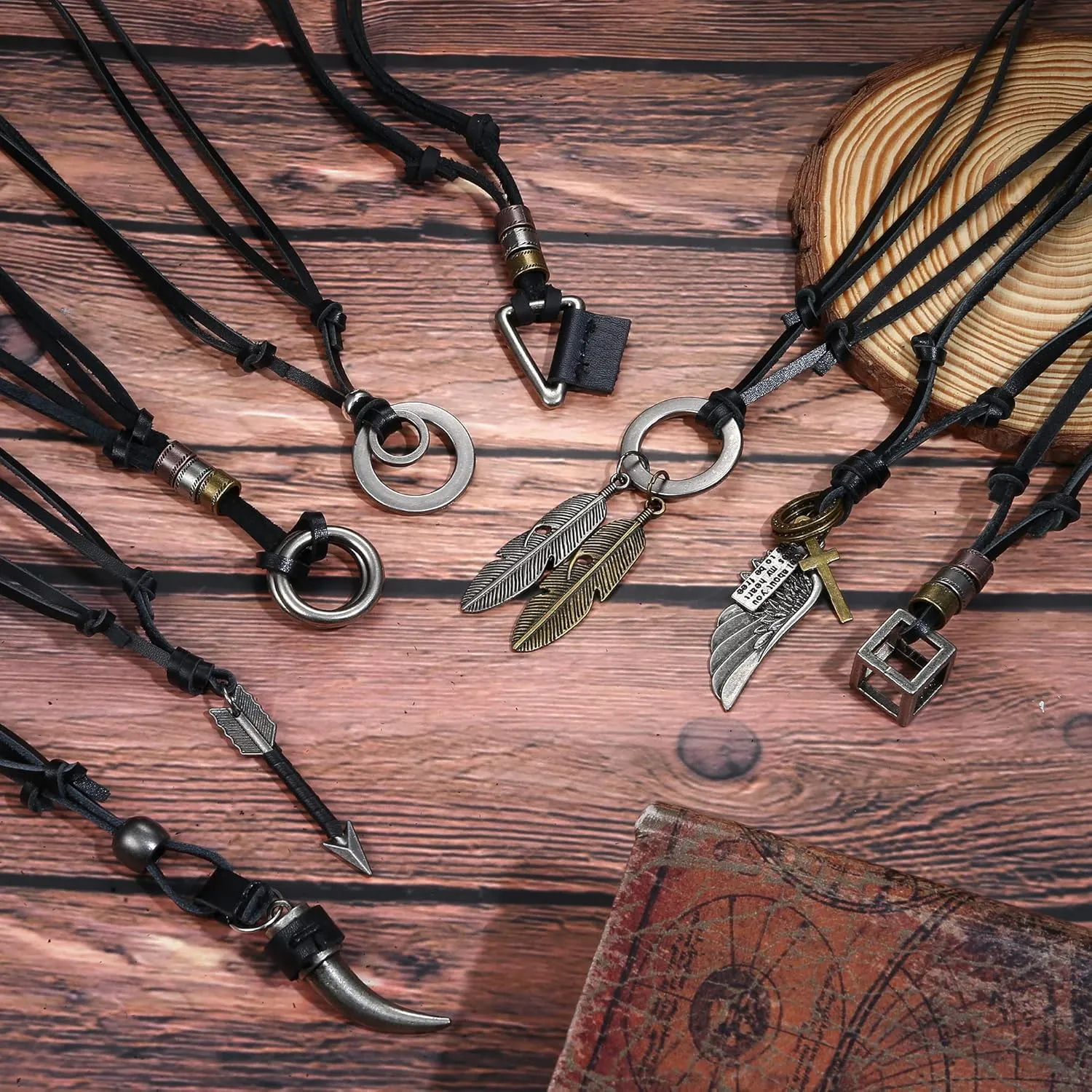FASACCO 8 Pcs Leather Necklace for Men Women Brown Black Leather Cord Necklace Tribal Arrow Wolf Tooth Feather Pendant Statement Necklace for Men Women