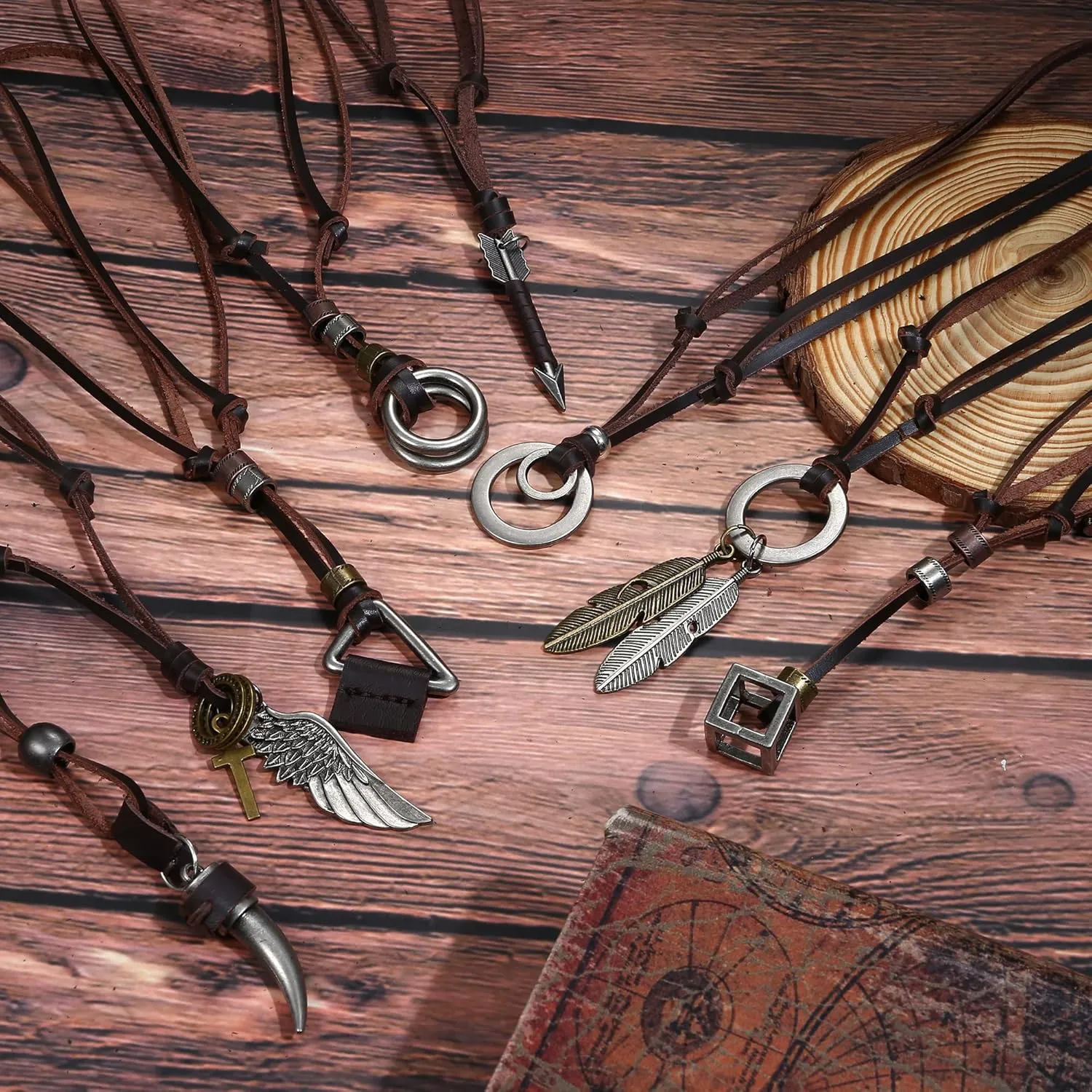 FASACCO 8 Pcs Leather Necklace for Men Women Brown Black Leather Cord Necklace Tribal Arrow Wolf Tooth Feather Pendant Statement Necklace for Men Women