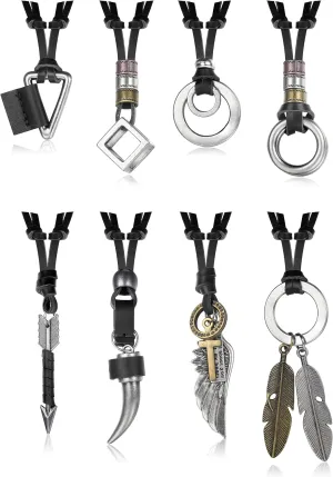FASACCO 8 Pcs Leather Necklace for Men Women Brown Black Leather Cord Necklace Tribal Arrow Wolf Tooth Feather Pendant Statement Necklace for Men Women