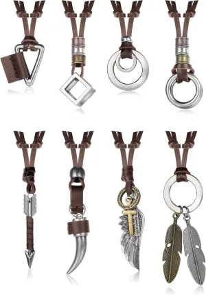 FASACCO 8 Pcs Leather Necklace for Men Women Brown Black Leather Cord Necklace Tribal Arrow Wolf Tooth Feather Pendant Statement Necklace for Men Women