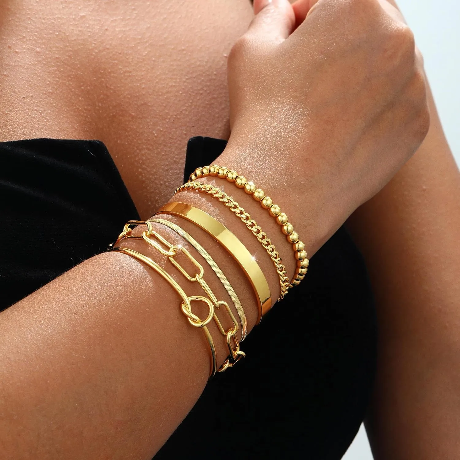 Gold Bracelets for women 14K Gold Bangle Bracelet Stack - Adjustable Waterproof Trendy Bracelets Gold Filled Stacks Bangles Link Chain Gold Bracelet Non Tarnish for Women Collection Jewelry Gifts