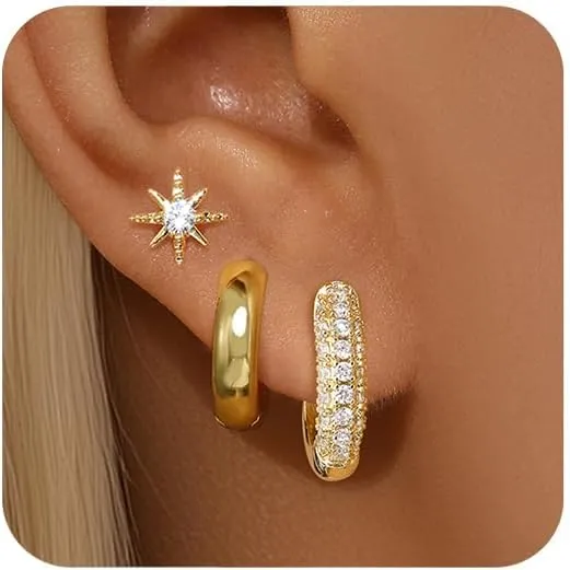 Gold Hoop Earrings for Women, Gold Earring Sets Stackable Earrings,CZ Hoop Earrings Set for Multiple Piercing Women Jewelry