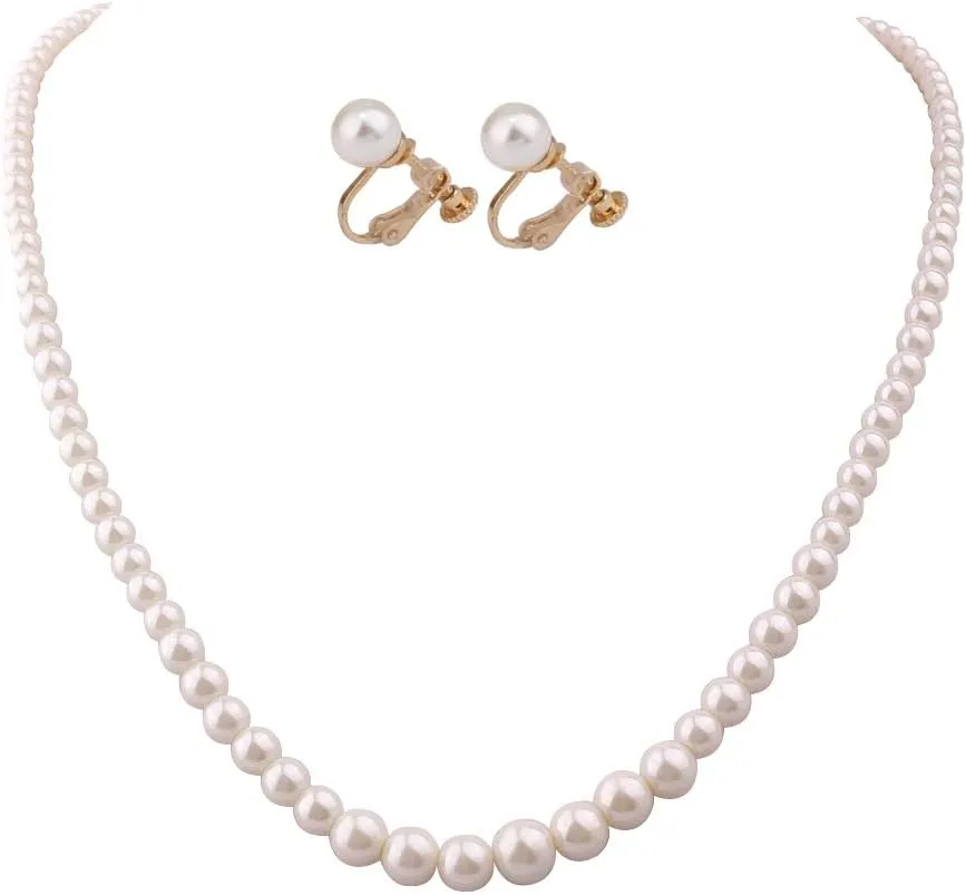 Handmade Faux Pearl Necklace and Clip on Earrings Jewelry Sets for Women Bib Choker Collar Necklace
