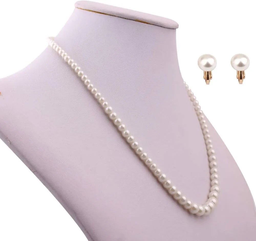 Handmade Faux Pearl Necklace and Clip on Earrings Jewelry Sets for Women Bib Choker Collar Necklace