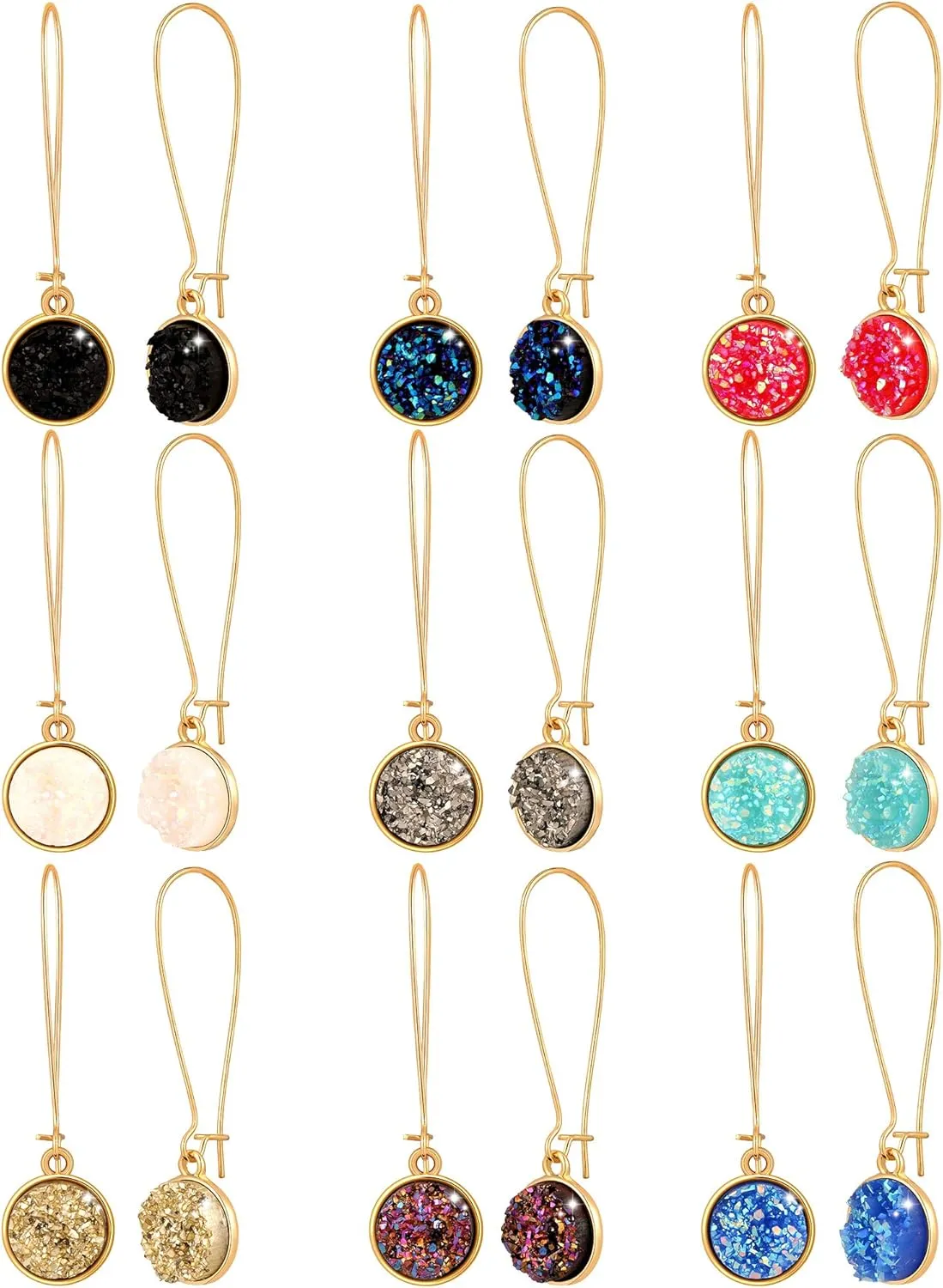 Hicarer 9 Pairs Faux Druzy Drop Earrings Bulk Rainbow Crystal Pendant Colorful Stainless Steel Dangle Earrings for Women Mother's Day Gift