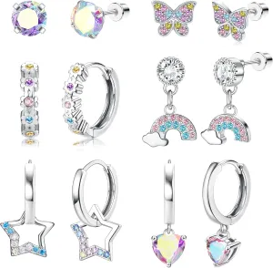 Hypoallergenic Screw Back Earrings for Girls - 316L Surgical Steel Stud Huggie Hoop Earrings for Sensitive Ears Cute Heart Butterfly Dangle Earrings Set for Women Multicolored 20G
