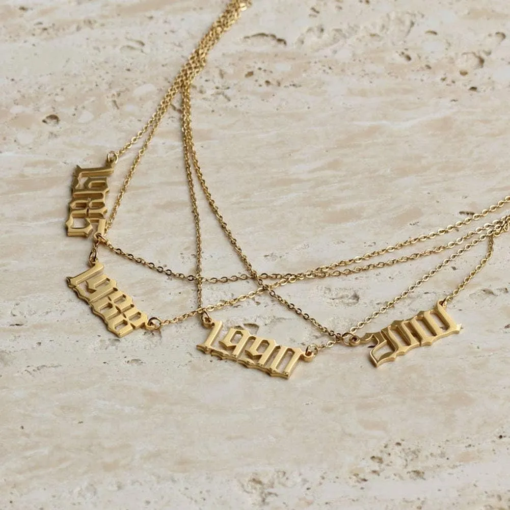 JIAHATE Birth Years Necklace for Women Girls,Initial Number Year Pendant Necklace Men Boy Birthstone Birthday Gift Charm Friendship Old English Arabic Mumerals Stainless Steel Necklace Jewelry