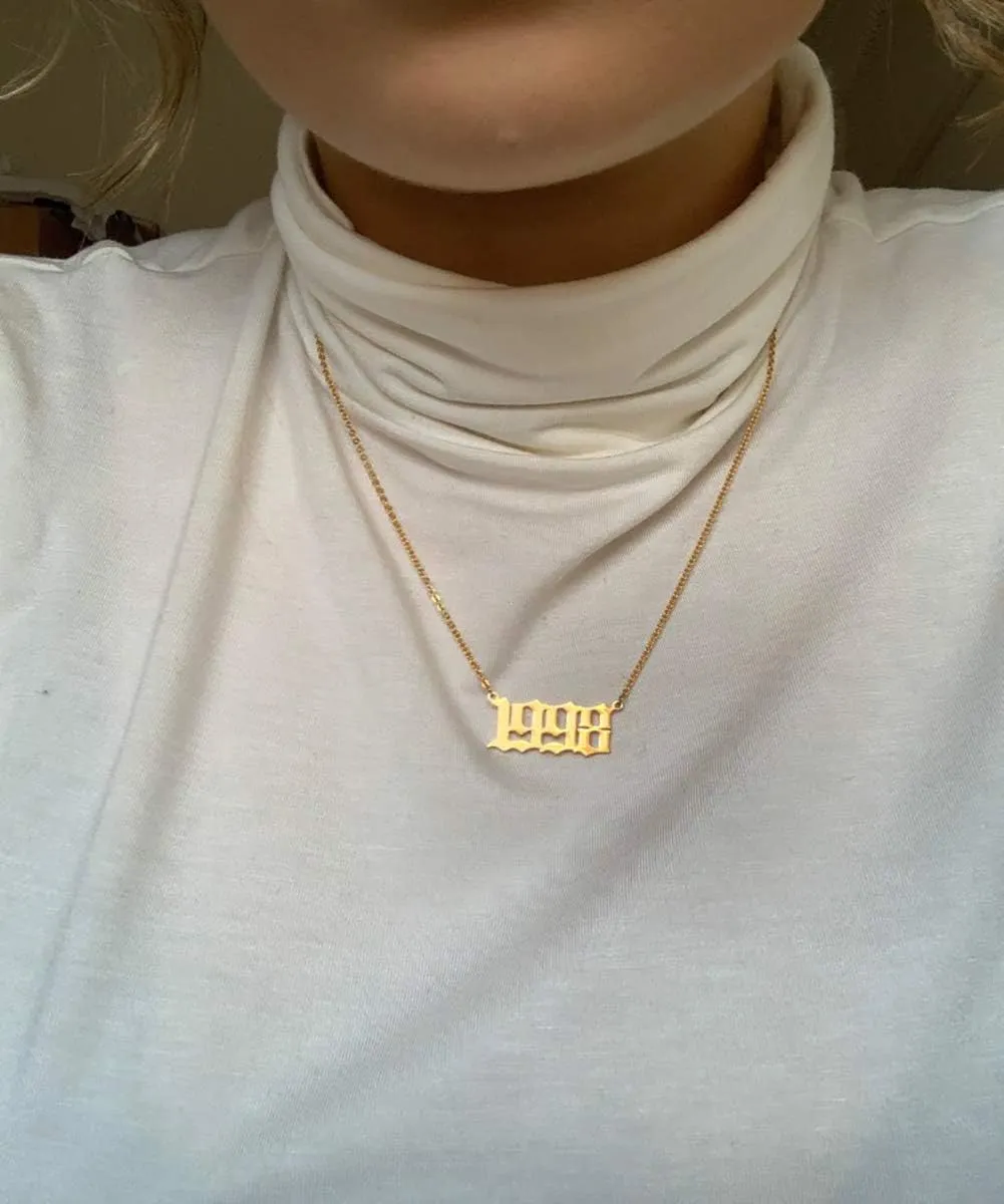 JIAHATE Birth Years Necklace for Women Girls,Initial Number Year Pendant Necklace Men Boy Birthstone Birthday Gift Charm Friendship Old English Arabic Mumerals Stainless Steel Necklace Jewelry