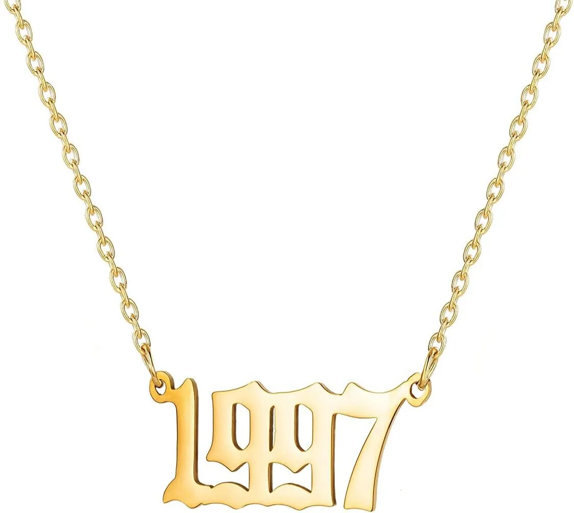 JIAHATE Birth Years Necklace for Women Girls,Initial Number Year Pendant Necklace Men Boy Birthstone Birthday Gift Charm Friendship Old English Arabic Mumerals Stainless Steel Necklace Jewelry