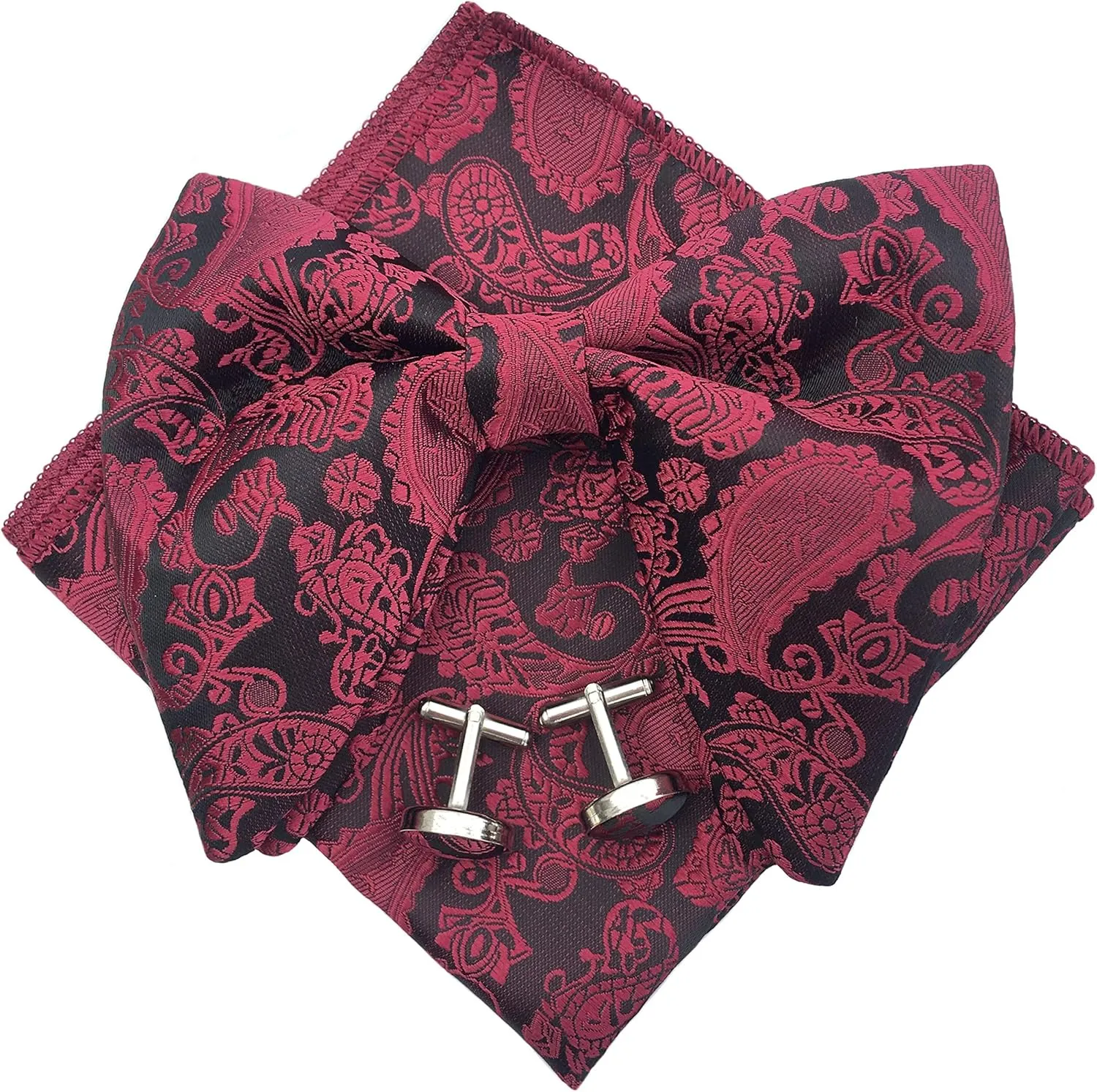 Justar Mens Pre-Tied Paisley Bowtie Oversized Tuxedo Bow Tie Hankie Cufflinks Set