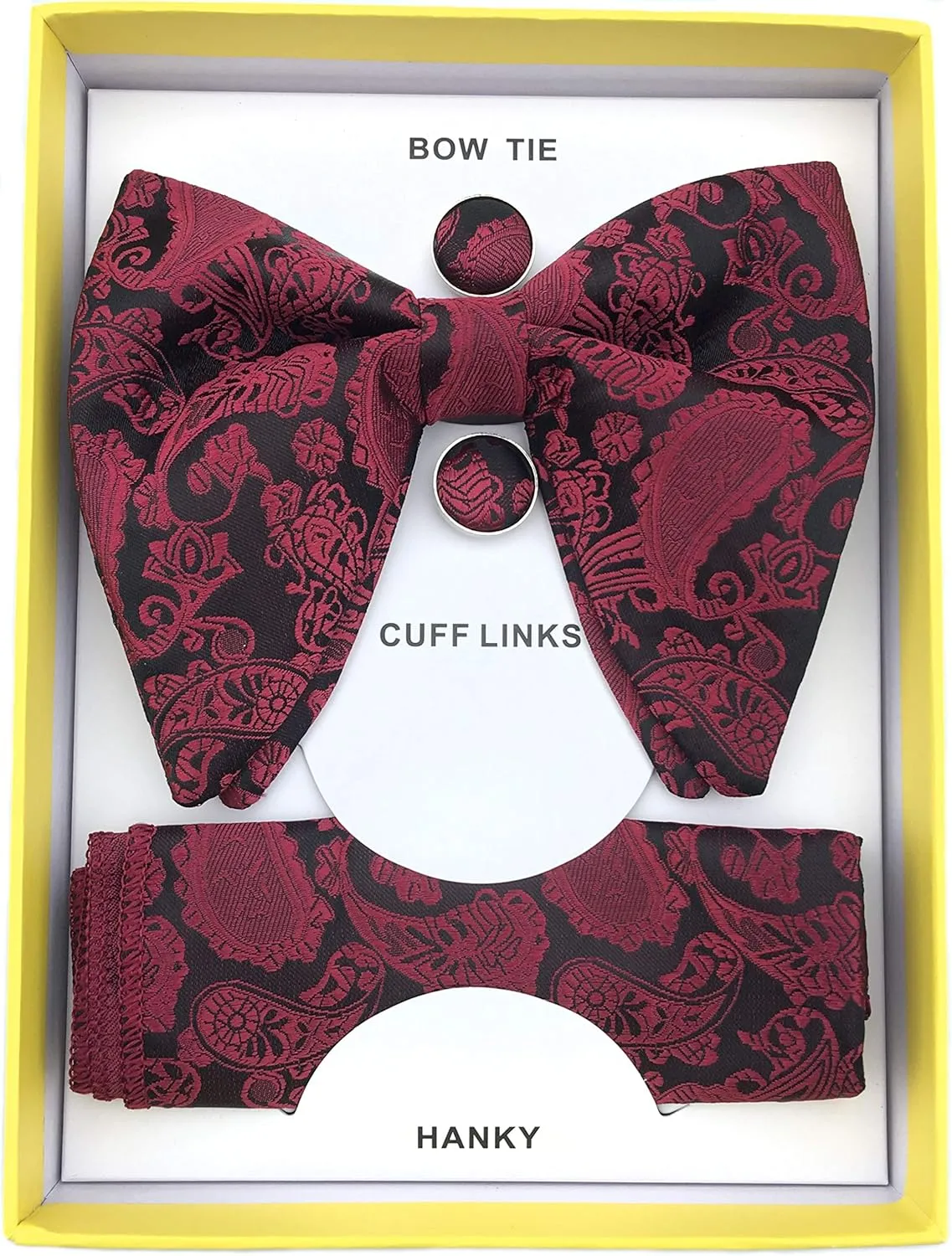 Justar Mens Pre-Tied Paisley Bowtie Oversized Tuxedo Bow Tie Hankie Cufflinks Set