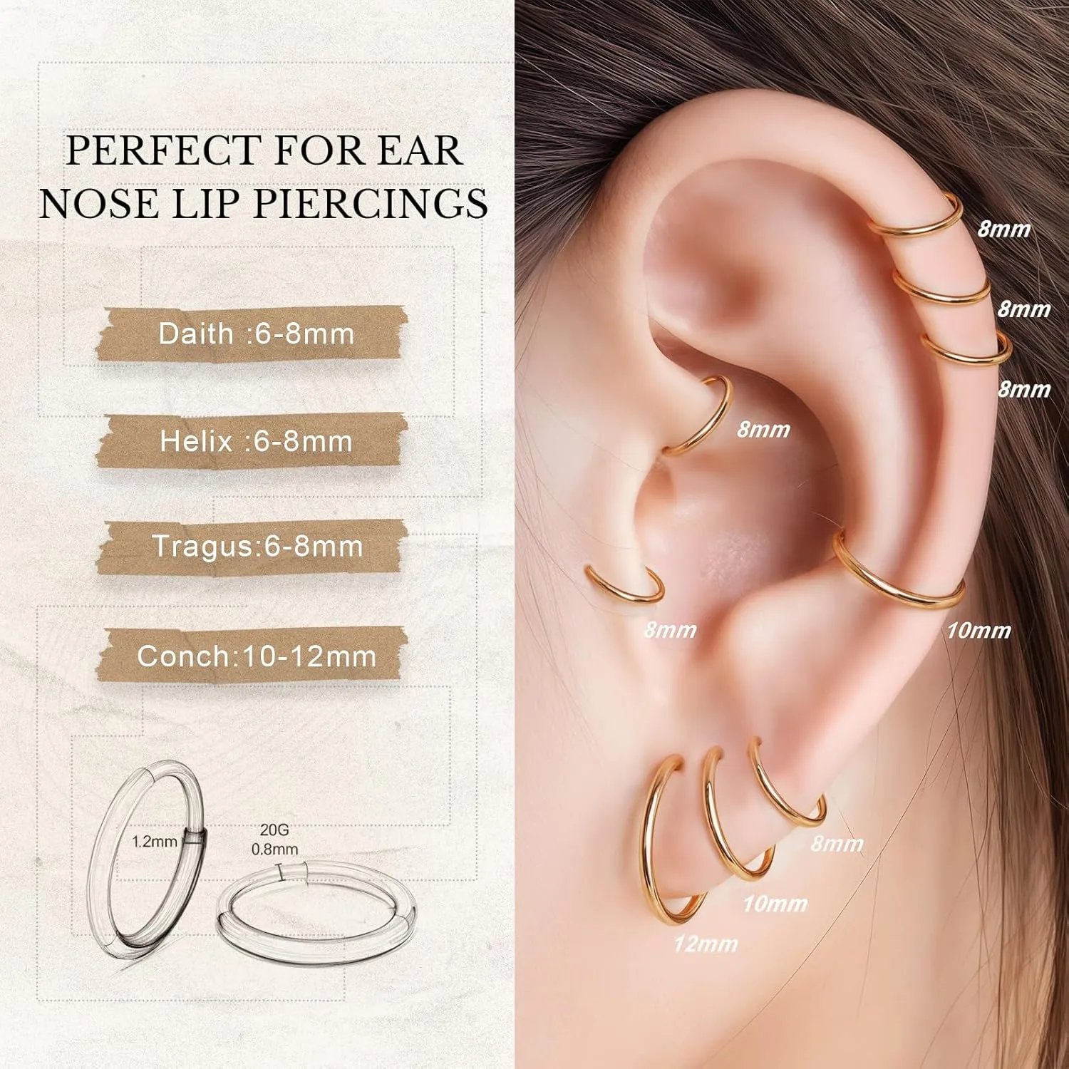 limerencia Small Hoop Earrings for Women, Hypoallergenic Titanium Huggie Hoop Earrings Set G23 Piercings Cartilage Earrings Set for Women Sensitive Ears (No stones Gold, 6mm)