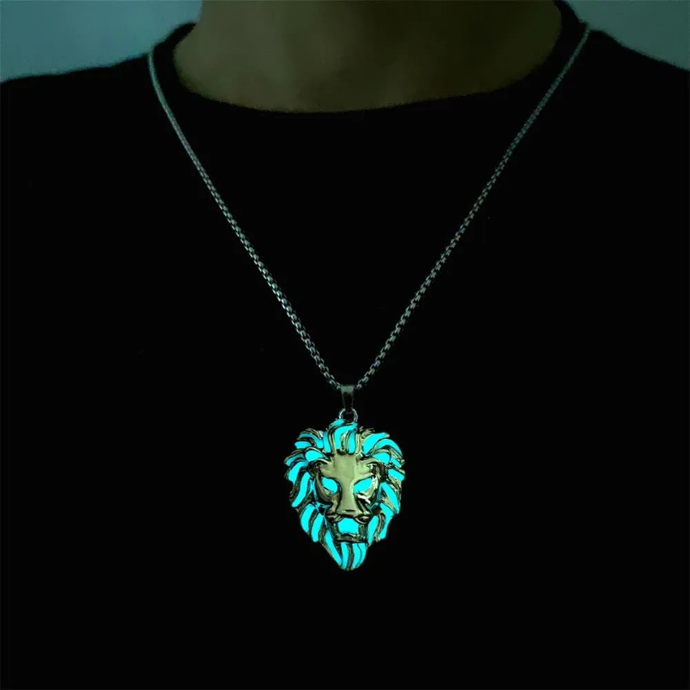 Lion Necklace for Women Men Luminous Animal Lion Leo Stainless Steel Necklace Glow in the Dark Necklace Hip Hop Jewelry Gift