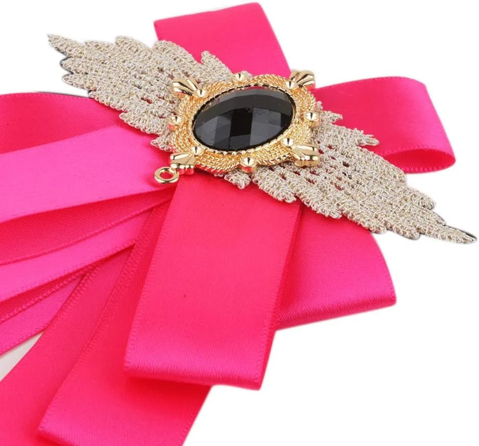 Men & Women Ribbon Bow Tie Fashion Rhinestone Ribbon Solid Color Brooch Pin Bowtie for Wedding Party