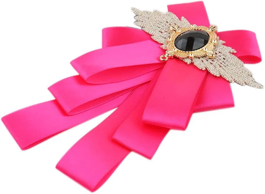 Men & Women Ribbon Bow Tie Fashion Rhinestone Ribbon Solid Color Brooch Pin Bowtie for Wedding Party