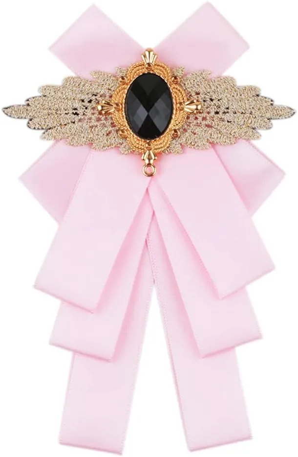 Men & Women Ribbon Bow Tie Fashion Rhinestone Ribbon Solid Color Brooch Pin Bowtie for Wedding Party