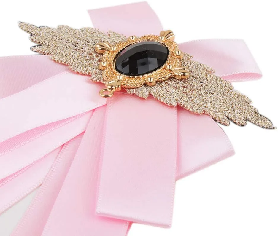 Men & Women Ribbon Bow Tie Fashion Rhinestone Ribbon Solid Color Brooch Pin Bowtie for Wedding Party