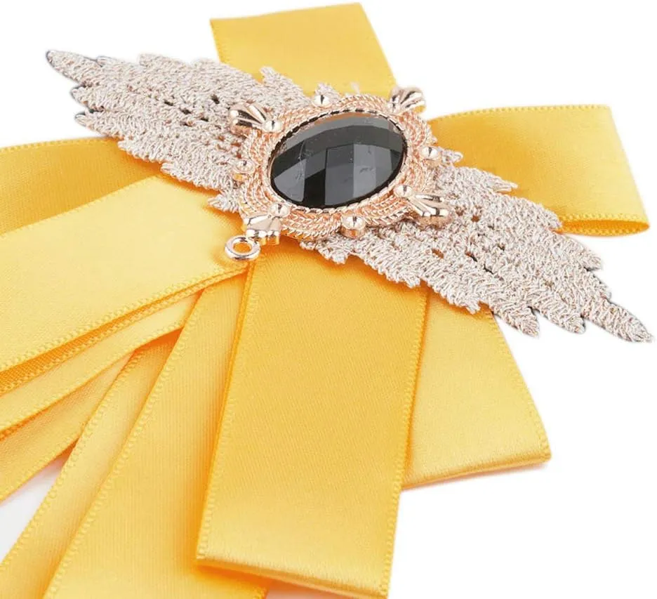 Men & Women Ribbon Bow Tie Fashion Rhinestone Ribbon Solid Color Brooch Pin Bowtie for Wedding Party