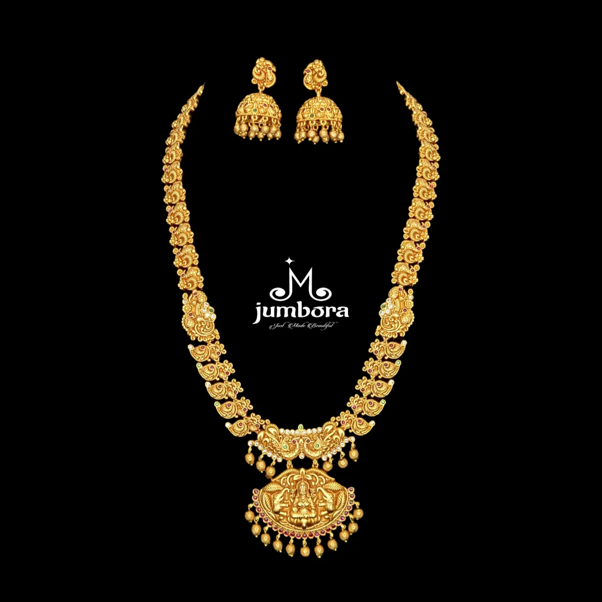 Peacock Matte Gold Temple Jewelry Long Lakshmi Necklace Set