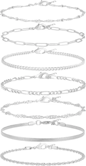 Reoxvo Dainty Bracelets for Women Trendy, Sterling Silver Plated Brass Link Chain Charm Bracelet Set for Women Stack 14K Gold Plated Brass Link Bracelets Jewelry Gift for Women