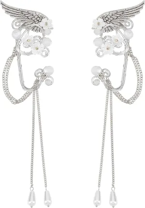 SUNNYCLUE Elf Ear Cuffs Wing Flower Ear Cuff Fairy Clip on Earring Handcraft Silver Filigree Pearl Tassel Angle Ear Cuff Earrings for Women Adults Elven Costume Cosplay Wedding Party Halloween Crafts