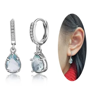 Teardrop Aquamarine Hoop Earrings Sterling Silver Dangle Light Blue Earrings for Women