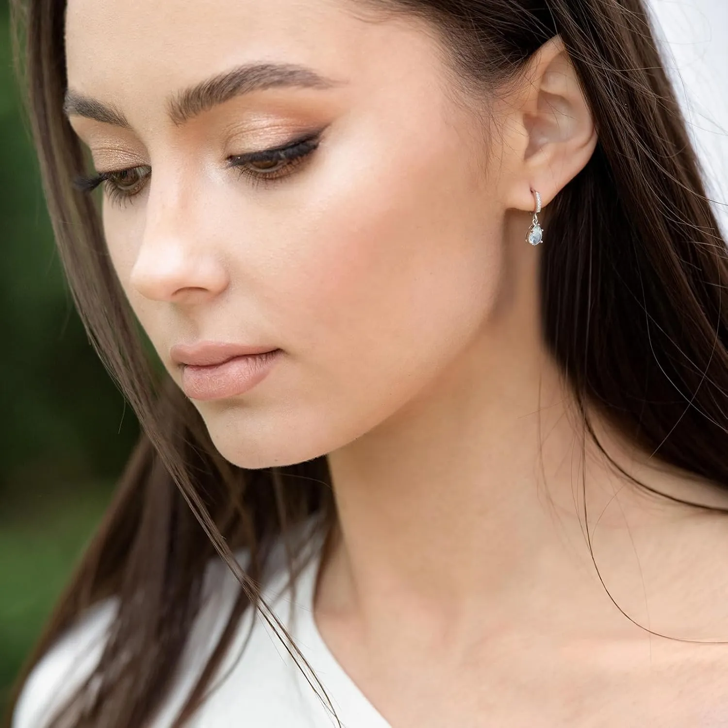 Teardrop Aquamarine Hoop Earrings Sterling Silver Dangle Light Blue Earrings for Women