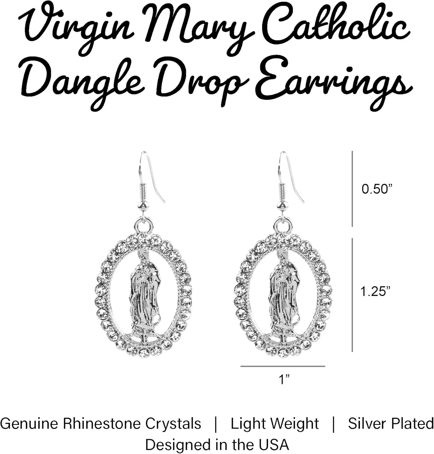 Virgin Mary Our Lady of Guadalupe Catholic Drop Dangle Earrings for Women  Religious Prayer Amulet  embellished with genuine Rhinestone Crystals  14K Gold & Silver Plated - Gift Box Included