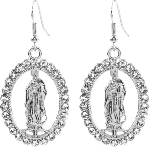 Virgin Mary Our Lady of Guadalupe Catholic Drop Dangle Earrings for Women  Religious Prayer Amulet  embellished with genuine Rhinestone Crystals  14K Gold & Silver Plated - Gift Box Included