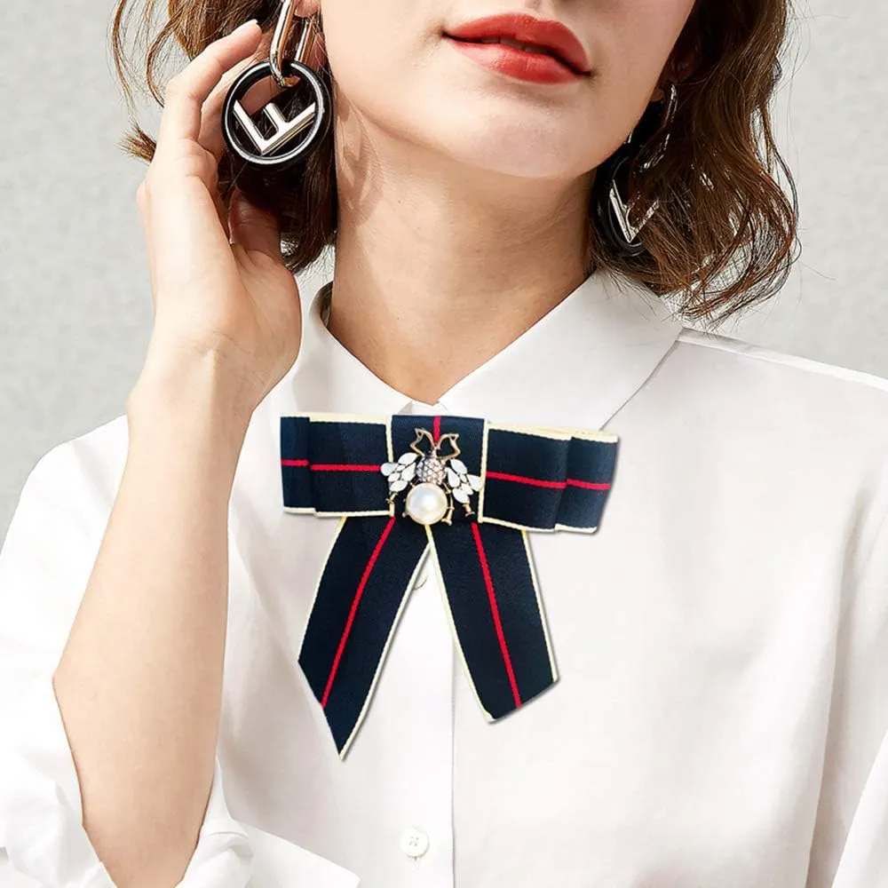 Vpang Crystal Bee Bow Brooch Pre-Tied Neck Tie Brooch Pin Striped Bow Tie for Women Wedding Party Bow Tie