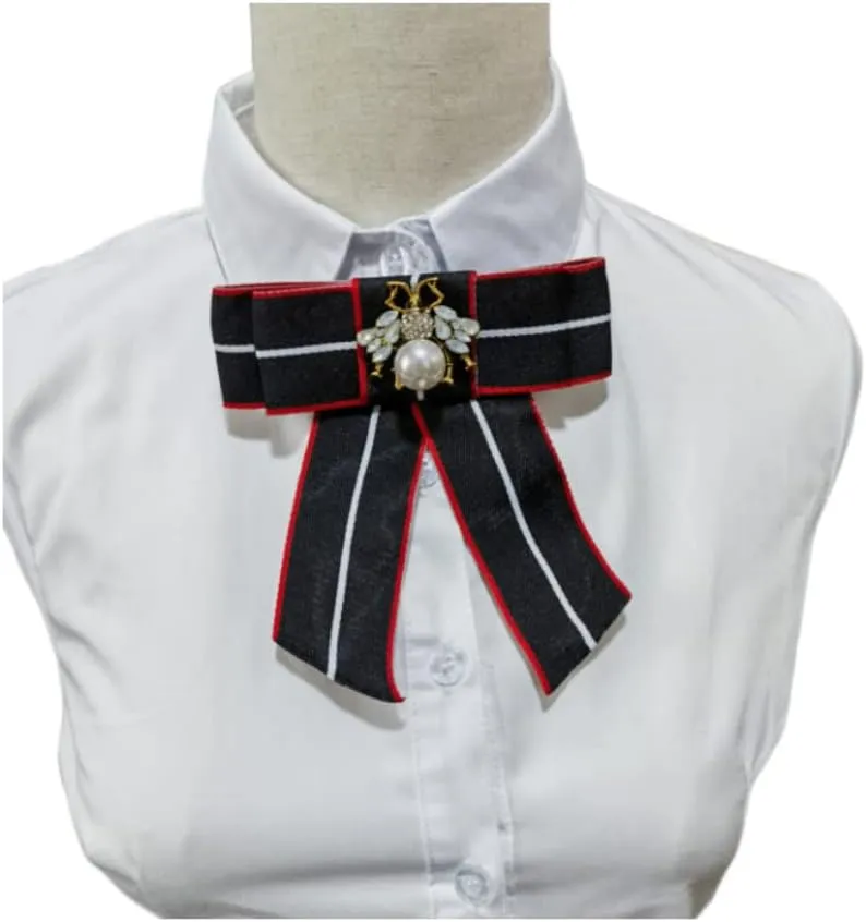 Vpang Crystal Bee Bow Brooch Pre-Tied Neck Tie Brooch Pin Striped Bow Tie for Women Wedding Party Bow Tie