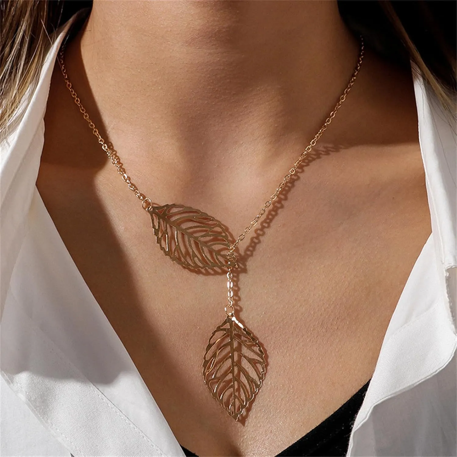 WCRAZYE Bohemian Leaf Earrings and Necklace Set for Women Unique Simple Gold Silver Lightweight Cutout Leaf Dangle Drop Earrings Fashion Filigree Leaf Y Necklace Gold Leaves Y Lariat Necklace Choker Jewelry Gifts