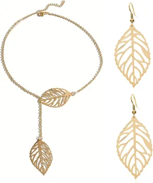 WCRAZYE Bohemian Leaf Earrings and Necklace Set for Women Unique Simple Gold Silver Lightweight Cutout Leaf Dangle Drop Earrings Fashion Filigree Leaf Y Necklace Gold Leaves Y Lariat Necklace Choker Jewelry Gifts