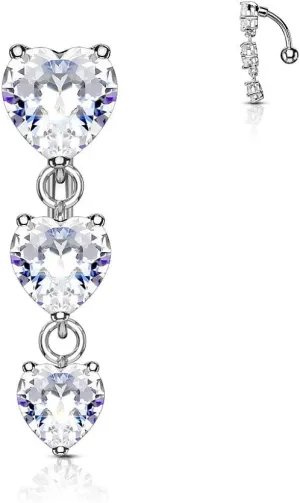 WILDKLASS Three Prong Set Heart CZ Vertical Drop 316L Surgical Steel Top Drop Belly Button Navel Rings