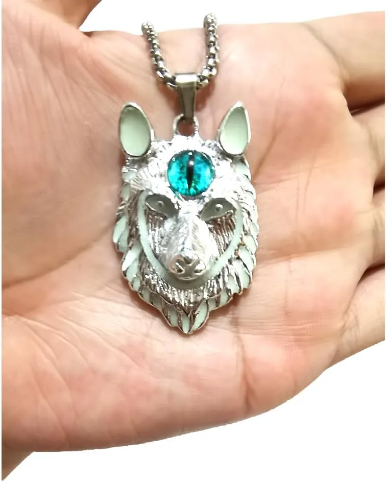 Wolf Necklace for Men Women Stainless Steel Viking Wolf Head Therian Necklace Glow in The Dark Protection Necklace Jewelry Gift