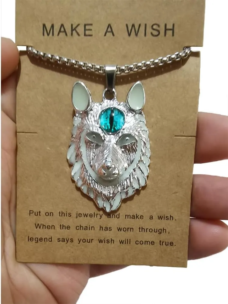 Wolf Necklace for Men Women Stainless Steel Viking Wolf Head Therian Necklace Glow in The Dark Protection Necklace Jewelry Gift