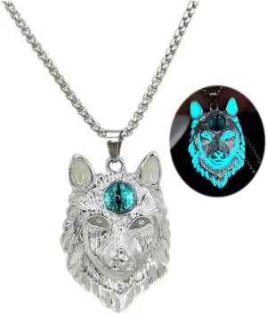 Wolf Necklace for Men Women Stainless Steel Viking Wolf Head Therian Necklace Glow in The Dark Protection Necklace Jewelry Gift
